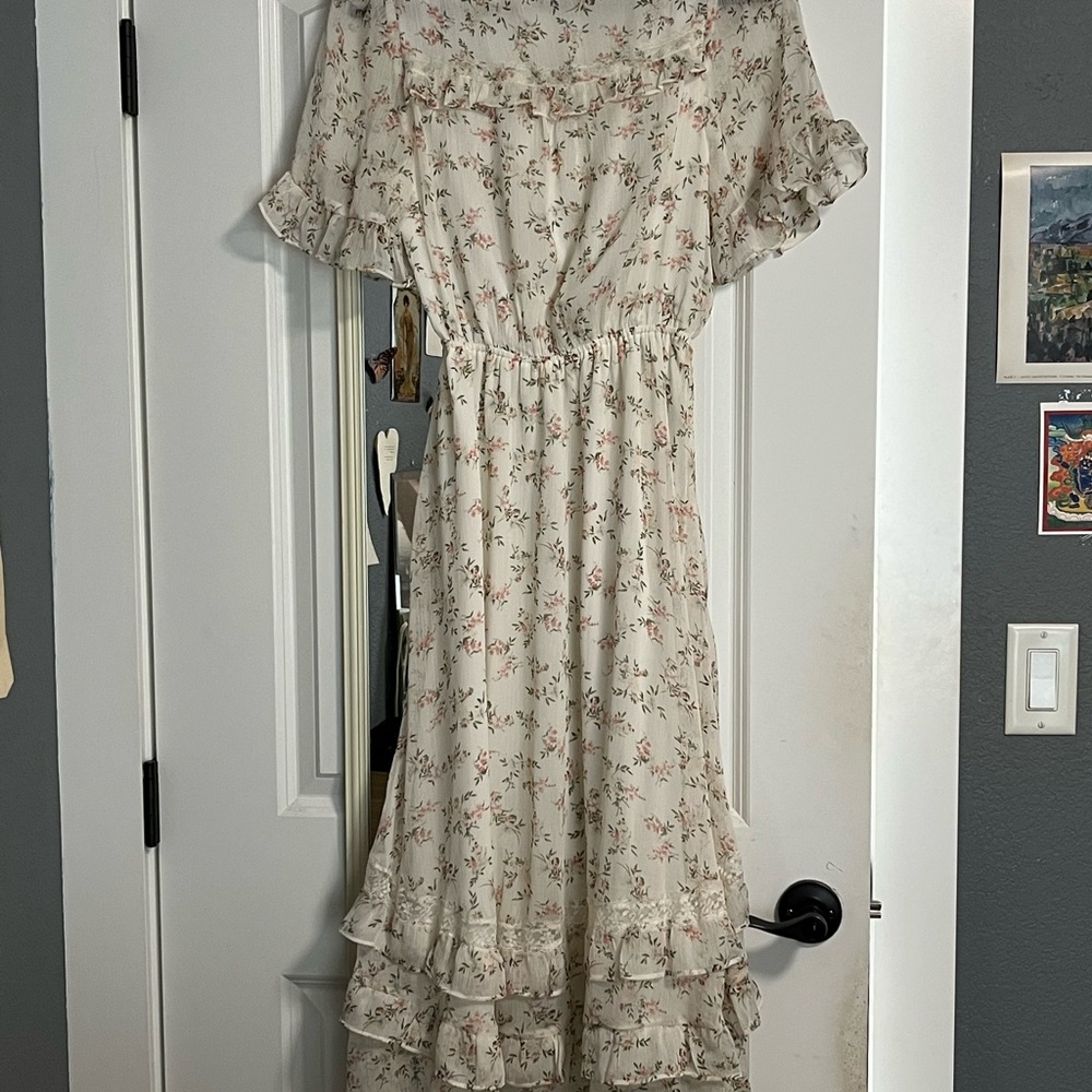 Sweet creamy and pink floral ruffle dress.